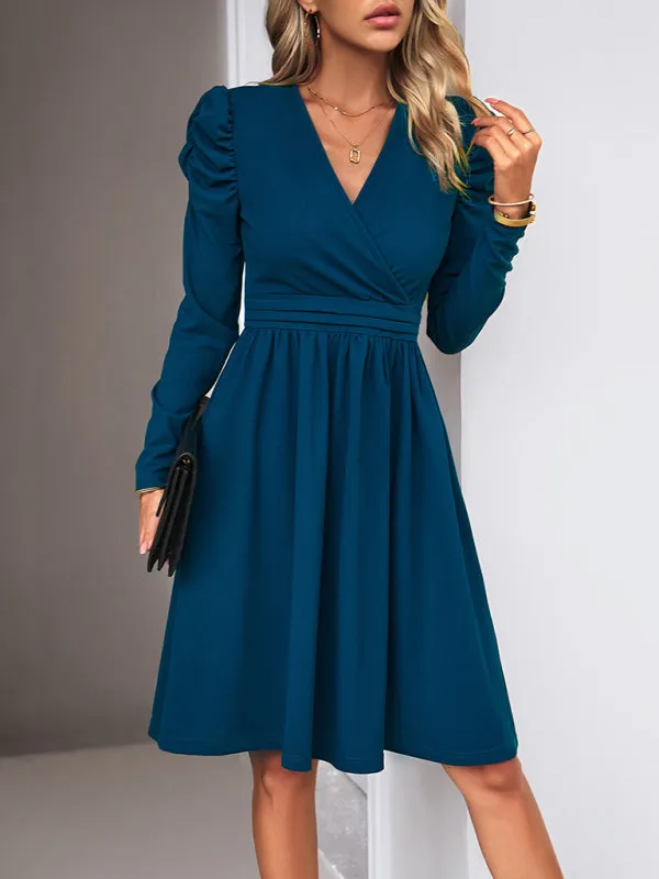 Elegant Solid A-line Surplice V-Neck Puff Long sleeve Midi Dress