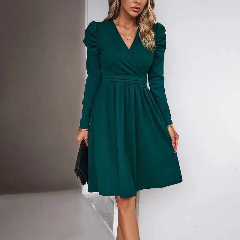 Elegant Solid A-line Surplice V-Neck Puff Long sleeve Midi Dress