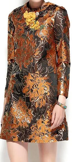 Floral Metallic Jacquard Mini Shift Dress with Applique