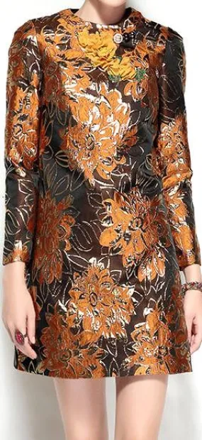 Floral Metallic Jacquard Mini Shift Dress with Applique