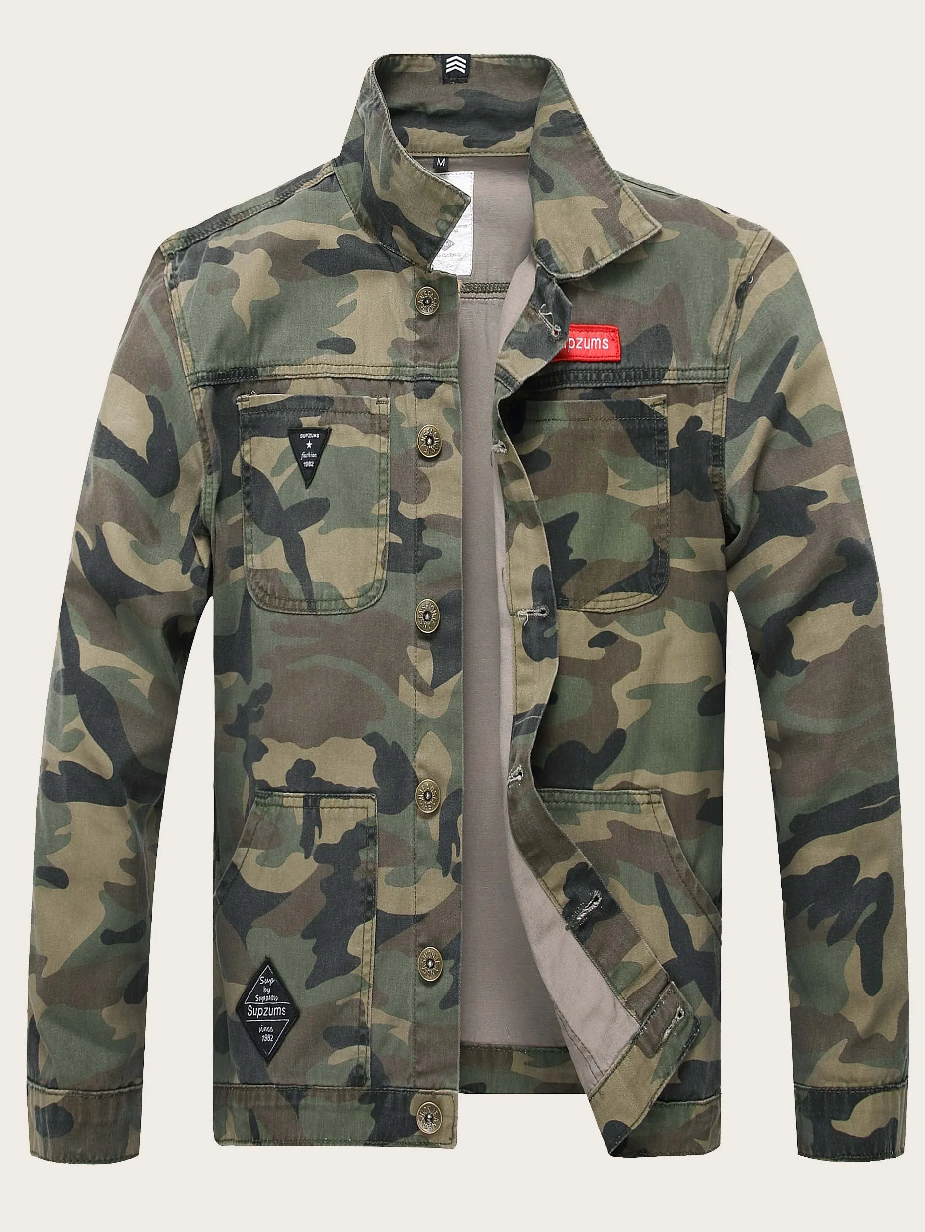 Funnel Neck Single Breasted Camo Print Denim Jacket