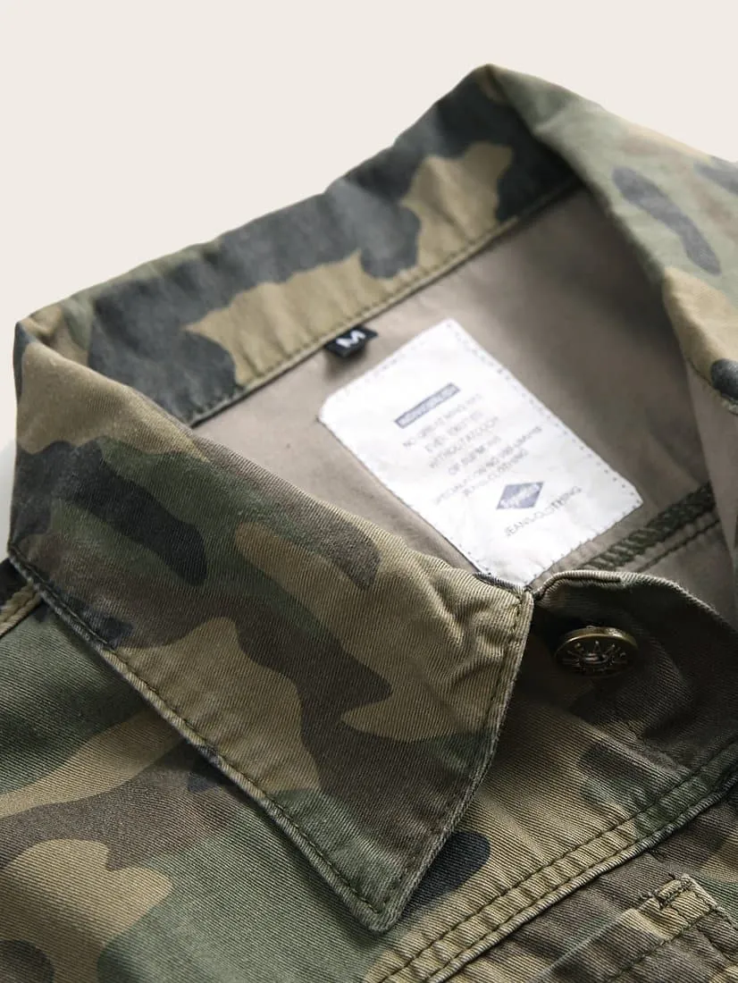 Funnel Neck Single Breasted Camo Print Denim Jacket