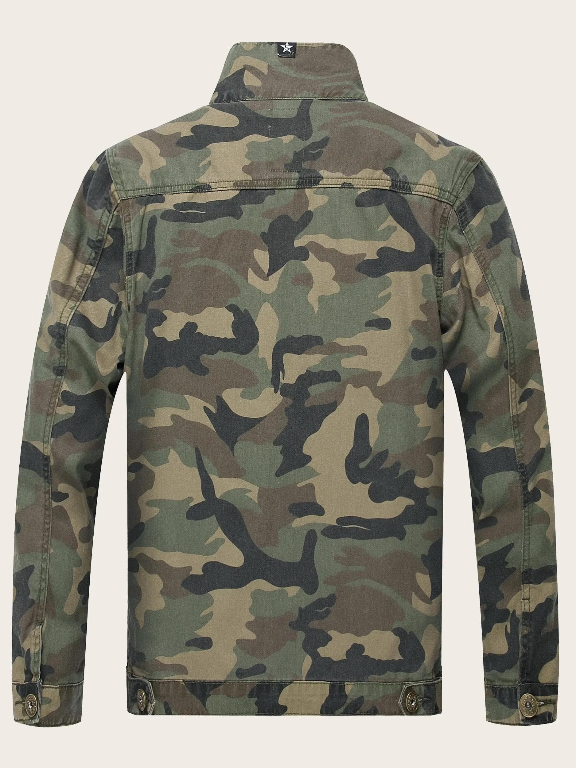 Funnel Neck Single Breasted Camo Print Denim Jacket