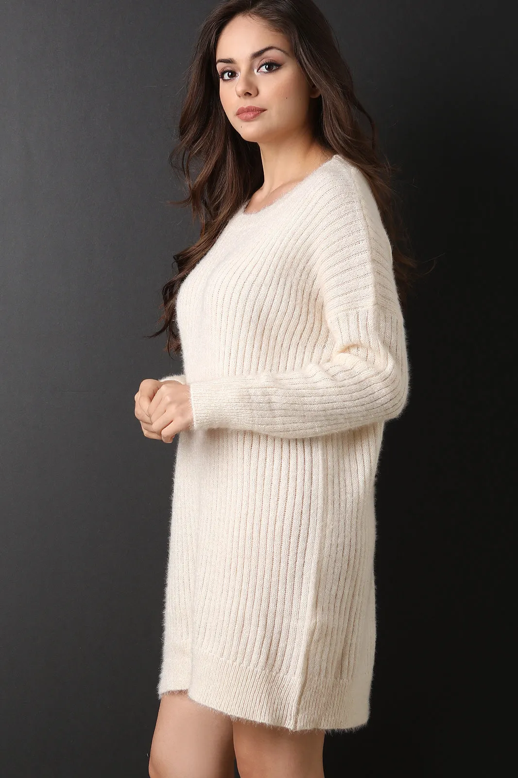 Fuzzy Ribbed Knit Sweater Dress