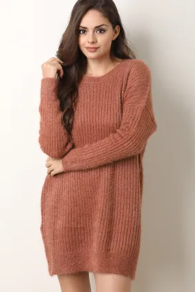 Fuzzy Ribbed Knit Sweater Dress