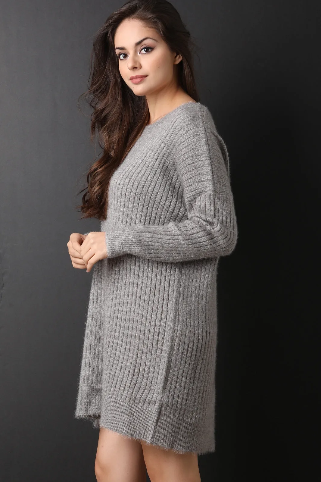 Fuzzy Ribbed Knit Sweater Dress