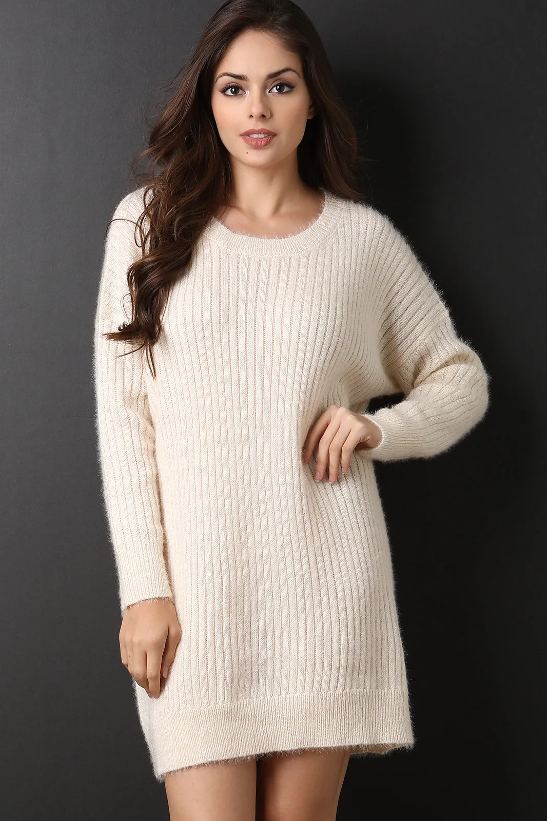 Fuzzy Ribbed Knit Sweater Dress