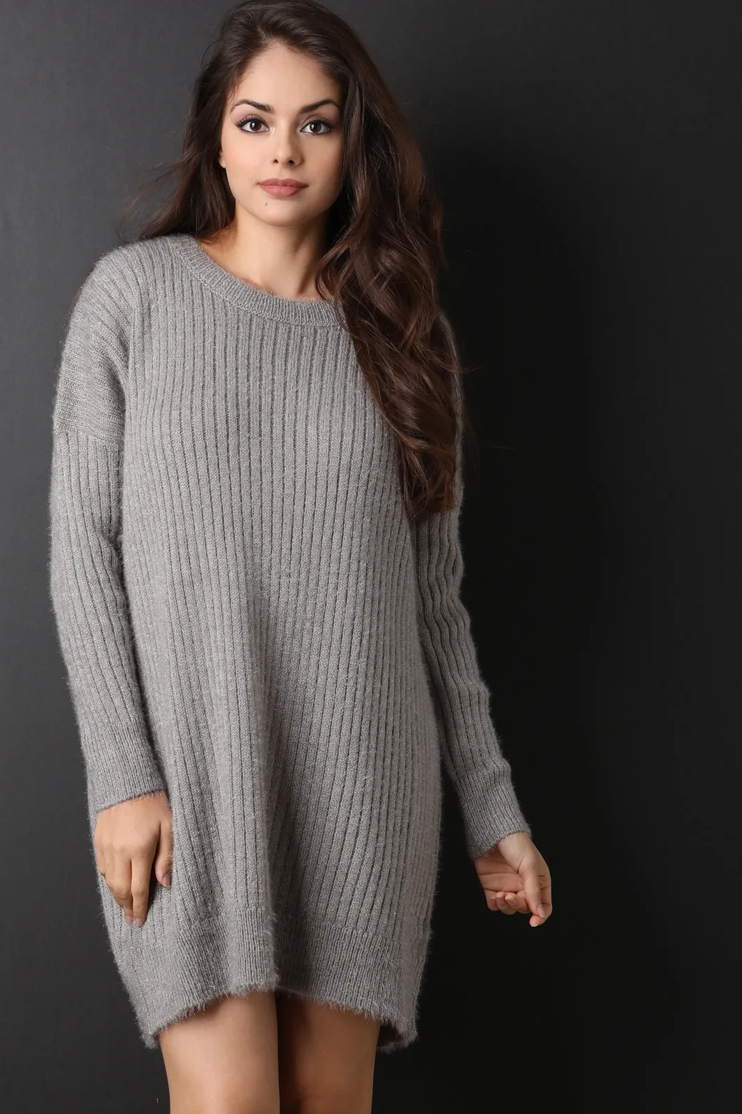 Fuzzy Ribbed Knit Sweater Dress