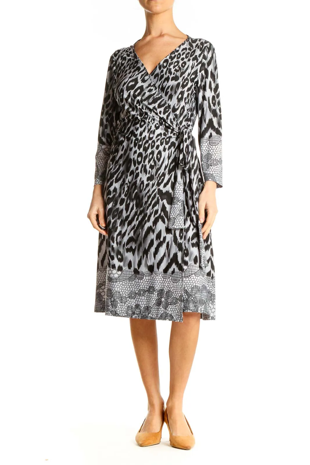 Gray Animal Print Fit & Flare Wrap Dress