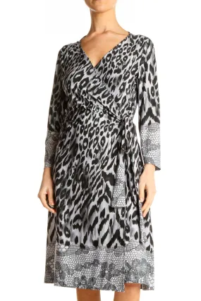 Gray Animal Print Fit & Flare Wrap Dress