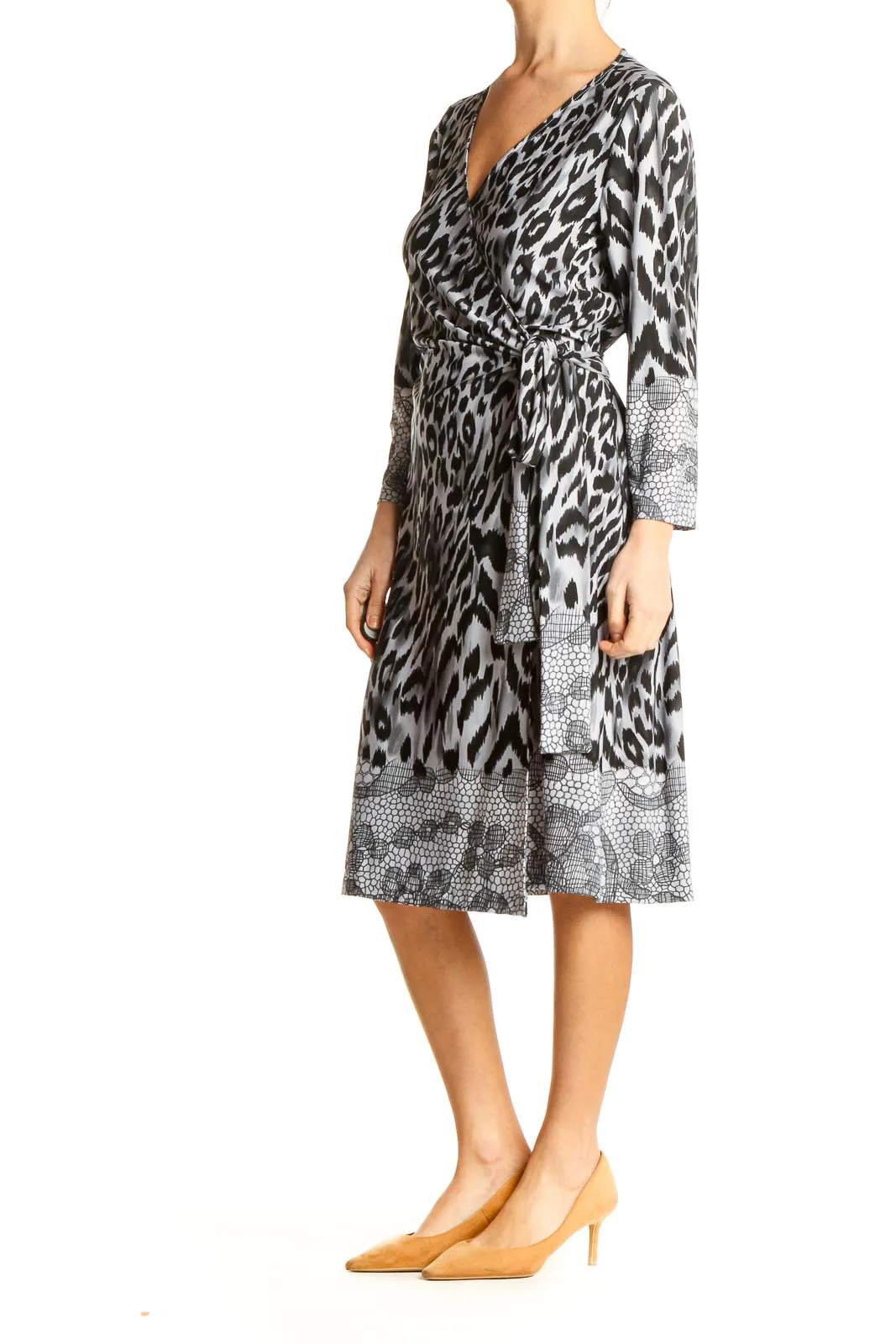 Gray Animal Print Fit & Flare Wrap Dress