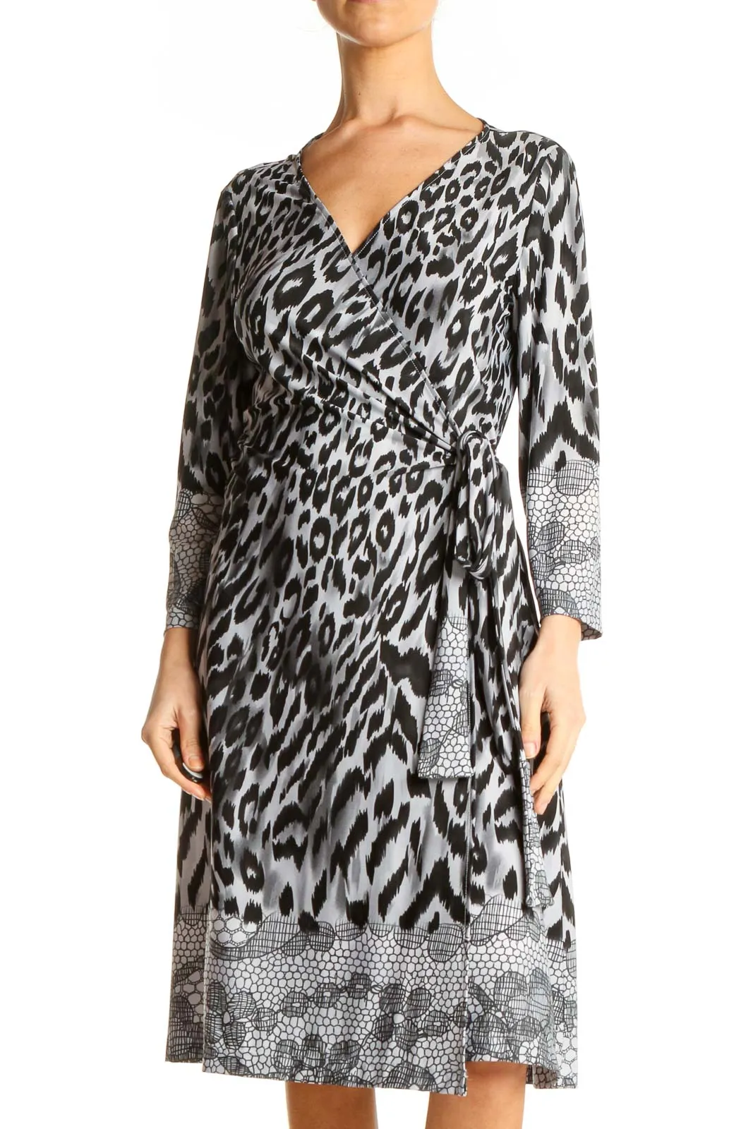 Gray Animal Print Fit & Flare Wrap Dress