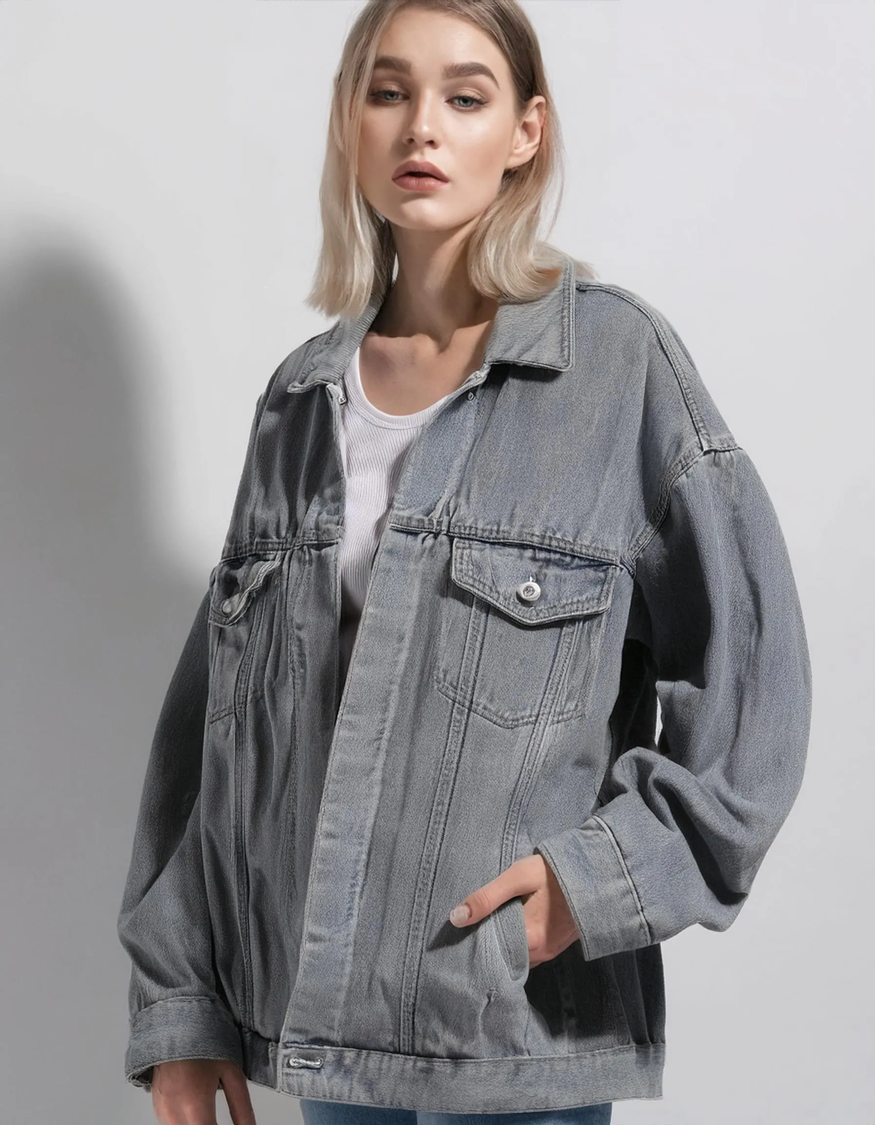 Gray Oversized Denim Jacket With Large Pockets