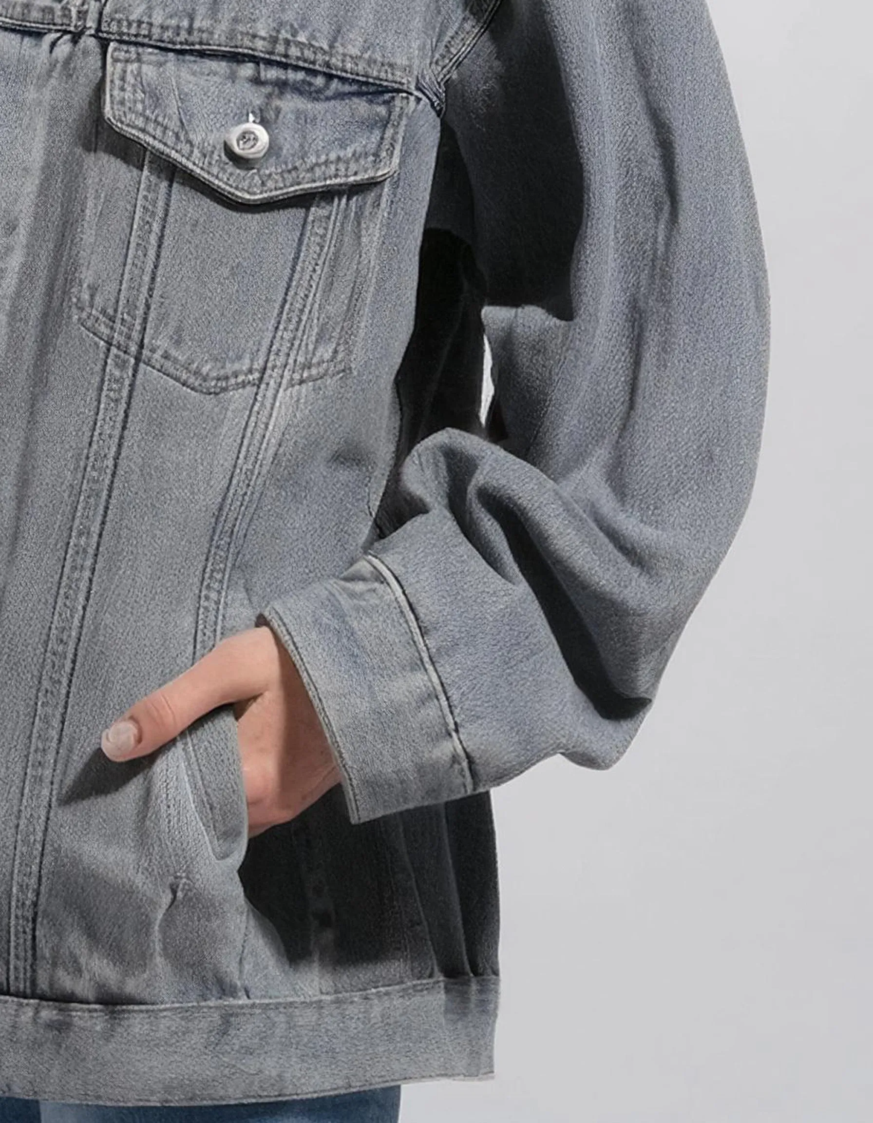 Gray Oversized Denim Jacket With Large Pockets