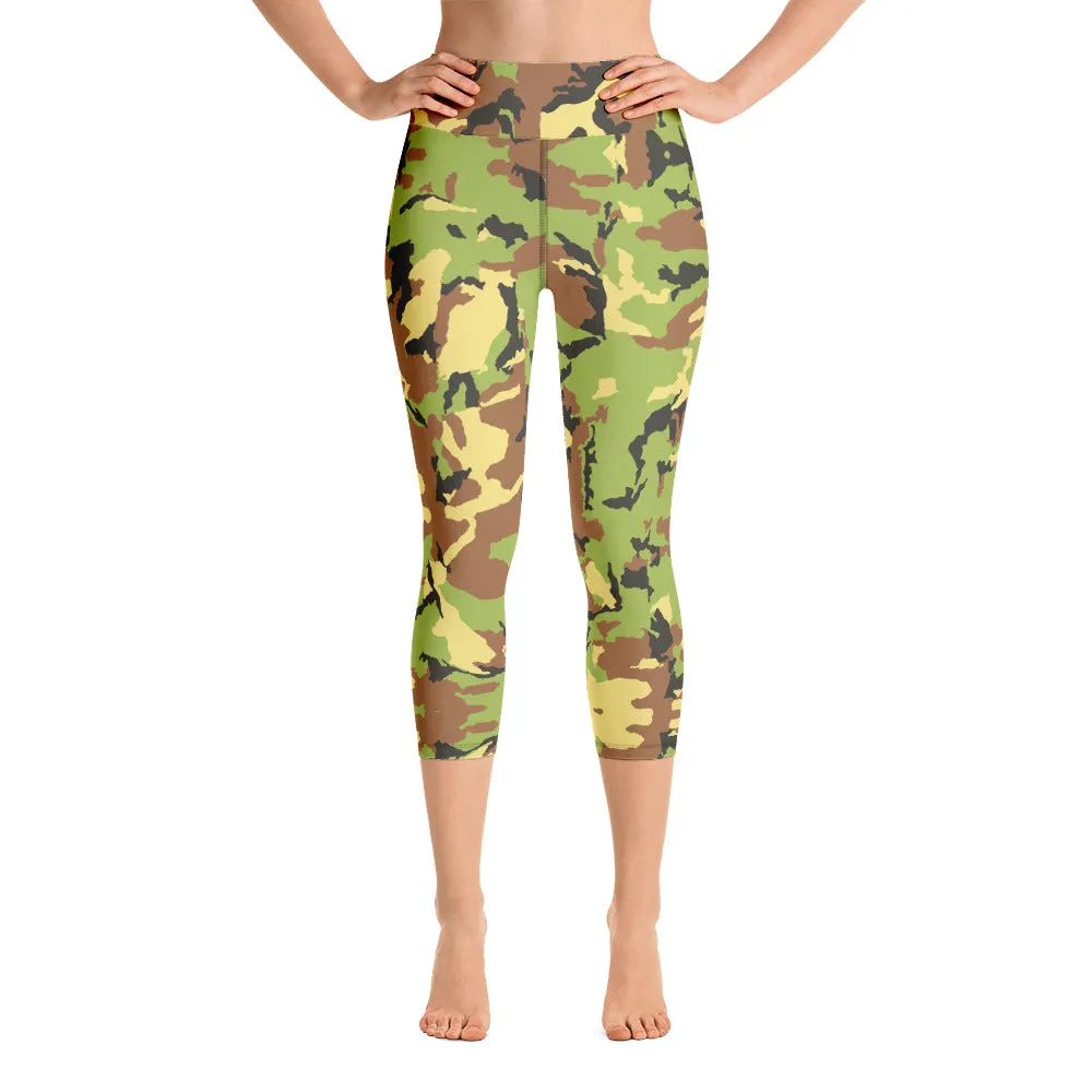 Green Camo Yoga Capri Leggings, Camouflage Military Print Capris Tights-Made in USA/EU