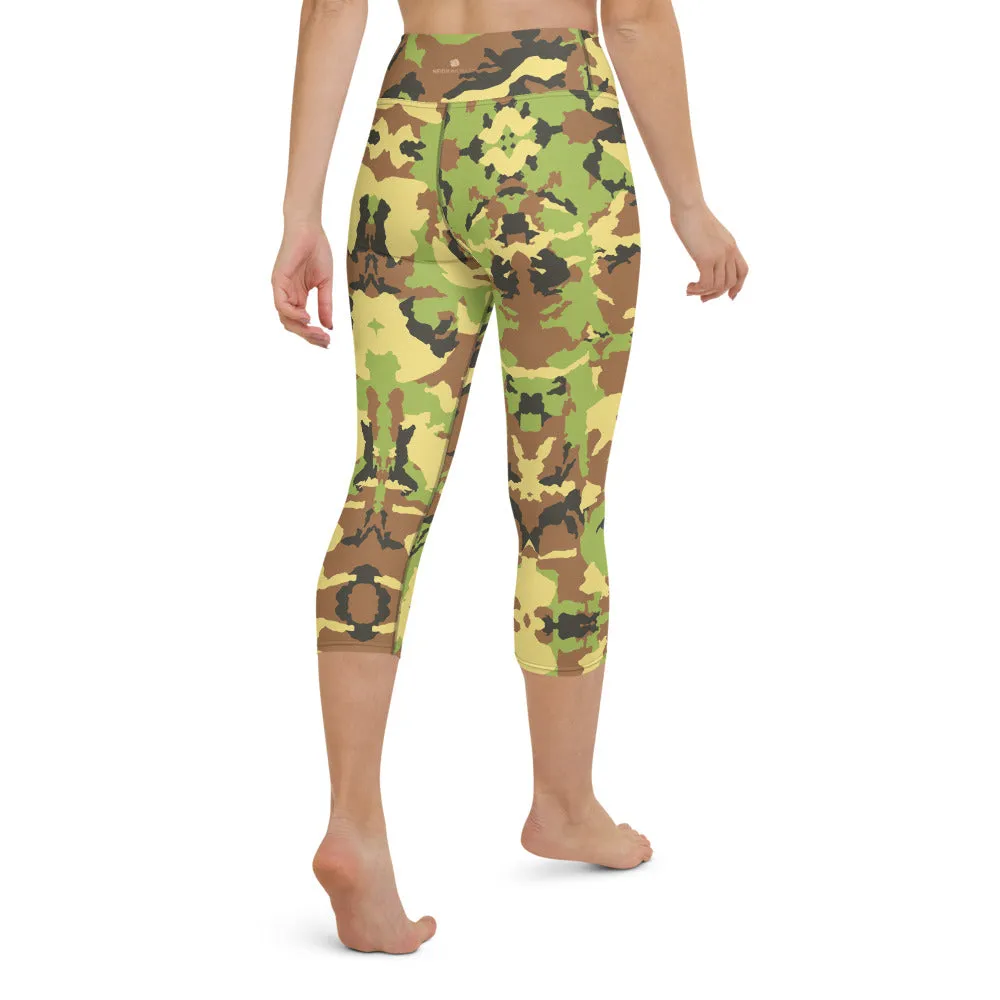 Green Camo Yoga Capri Leggings, Camouflage Military Print Capris Tights-Made in USA/EU