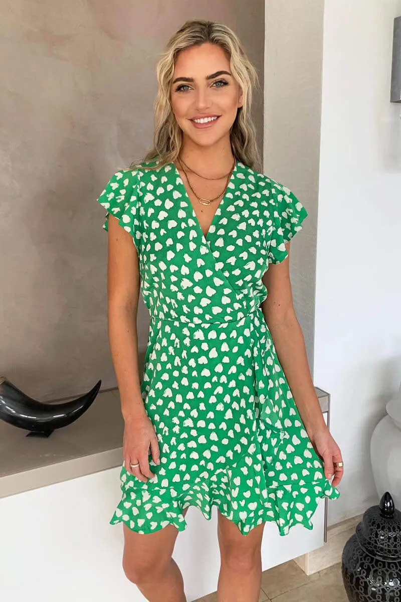 Green Heart Print Wrap Skater Dress