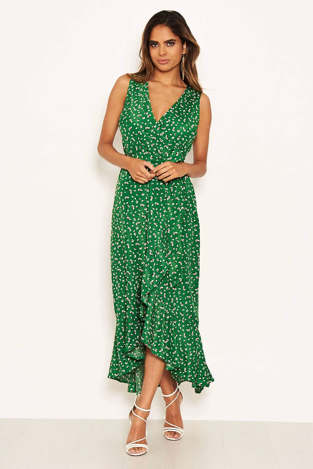 Green Printed Wrap Over Frill Midi Dress