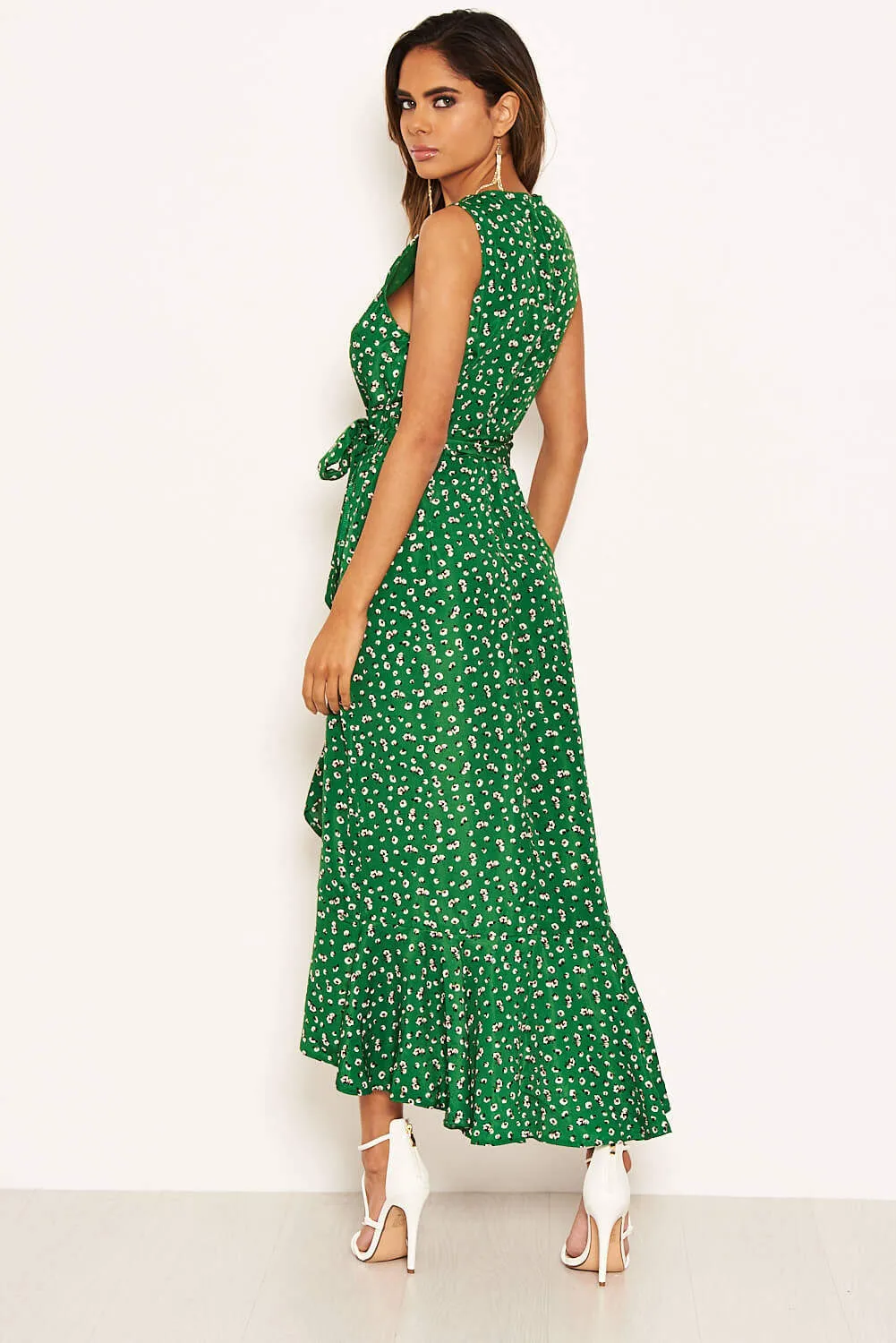 Green Printed Wrap Over Frill Midi Dress