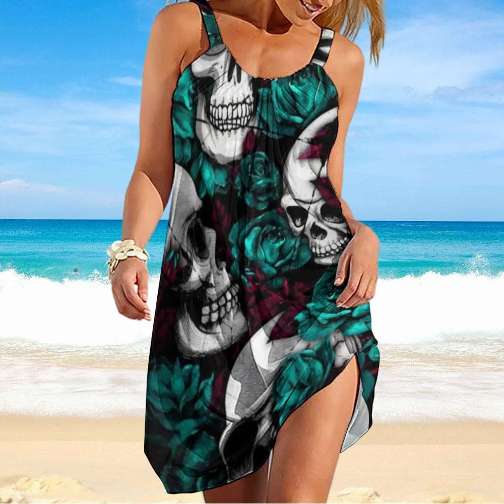 Green Roses And Skulls Strappy Dress