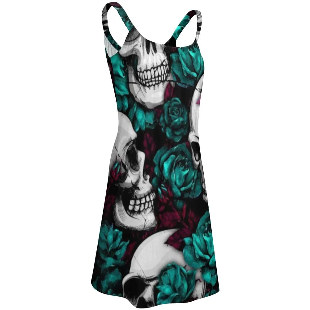 Green Roses And Skulls Strappy Dress