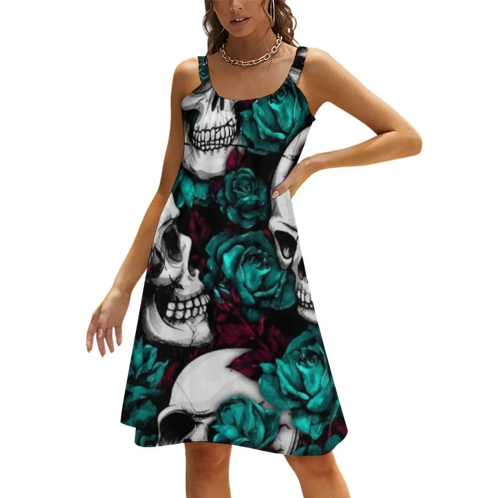 Green Roses And Skulls Strappy Dress