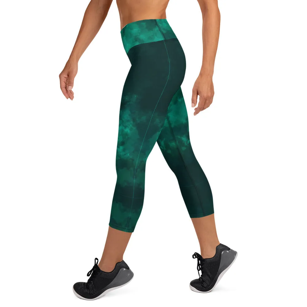 Green Yoga Capri Leggings, Gradient Abstract Print Fashion Capris Tights-Made in USA/EU