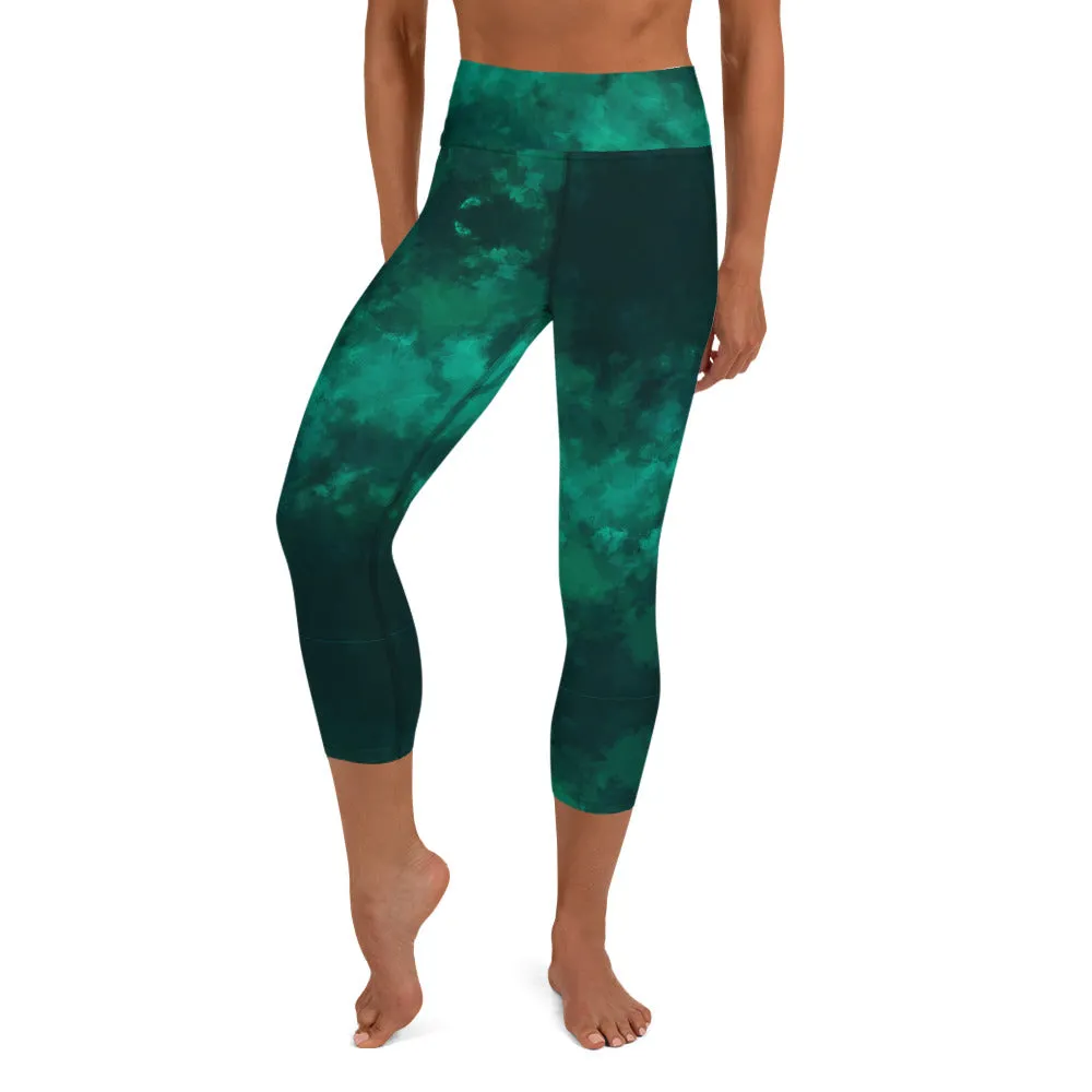 Green Yoga Capri Leggings, Gradient Abstract Print Fashion Capris Tights-Made in USA/EU