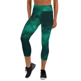 Green Yoga Capri Leggings, Gradient Abstract Print Fashion Capris Tights-Made in USA/EU