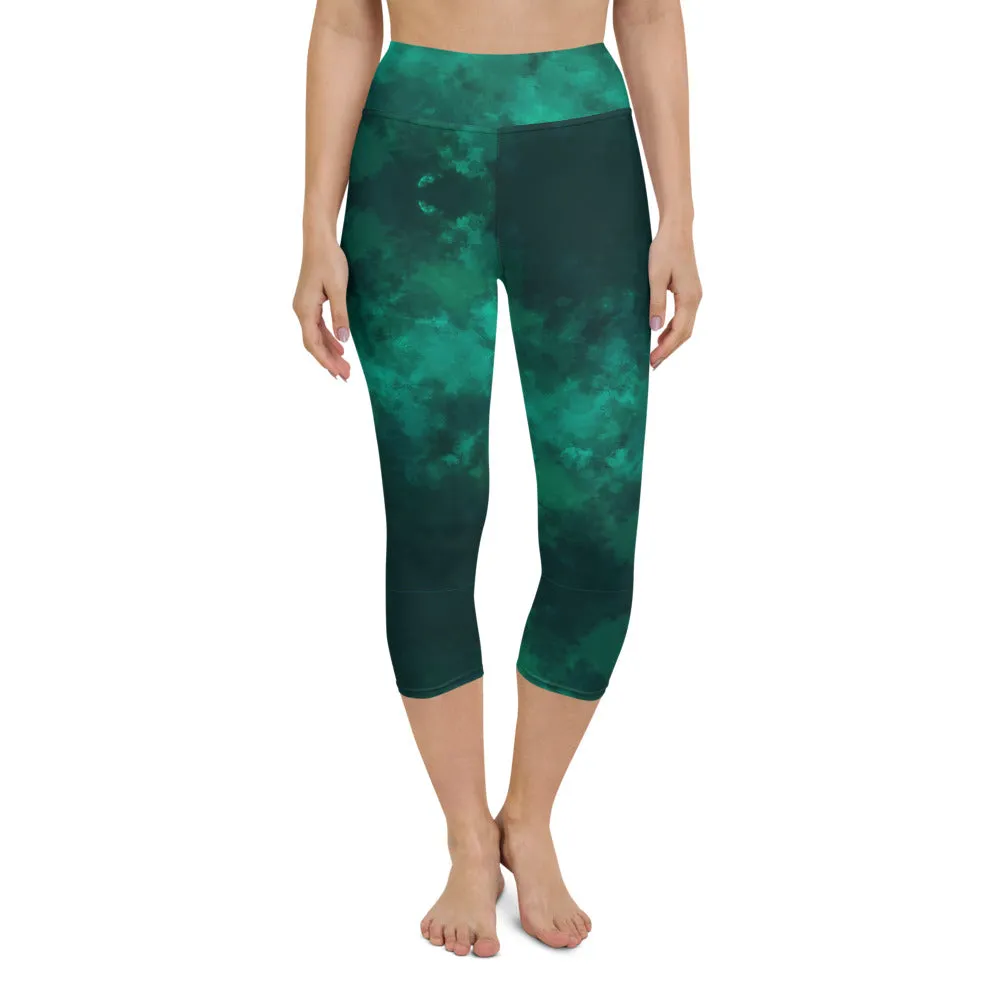 Green Yoga Capri Leggings, Gradient Abstract Print Fashion Capris Tights-Made in USA/EU