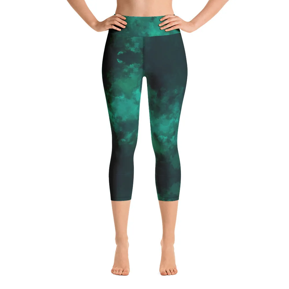 Green Yoga Capri Leggings, Gradient Abstract Print Fashion Capris Tights-Made in USA/EU