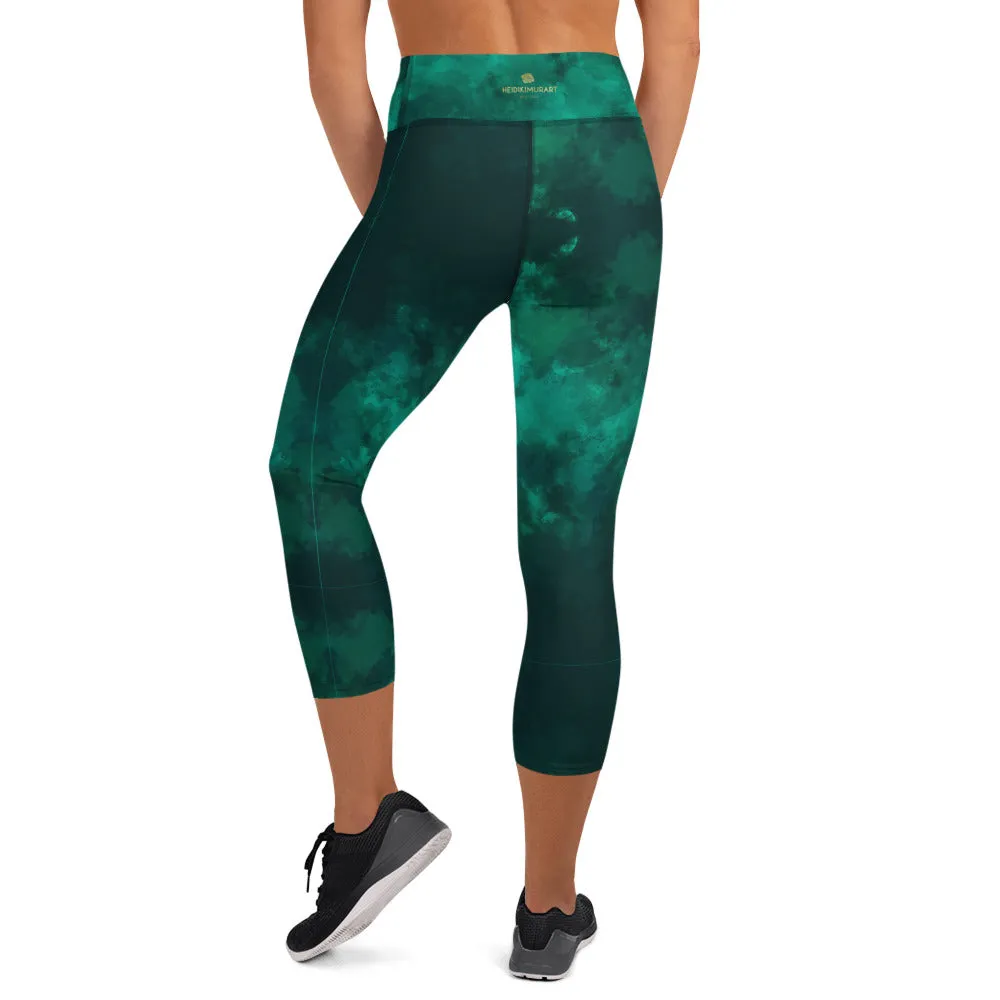 Green Yoga Capri Leggings, Gradient Abstract Print Fashion Capris Tights-Made in USA/EU