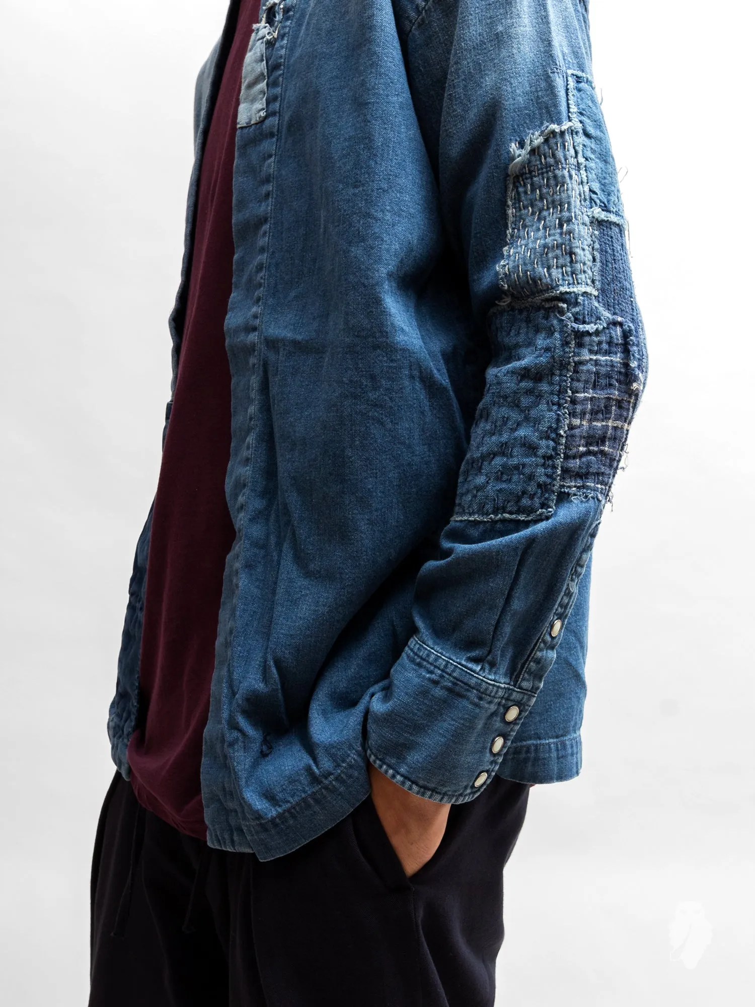 Haori Western Denim Shirt in Indigo Boro Repair