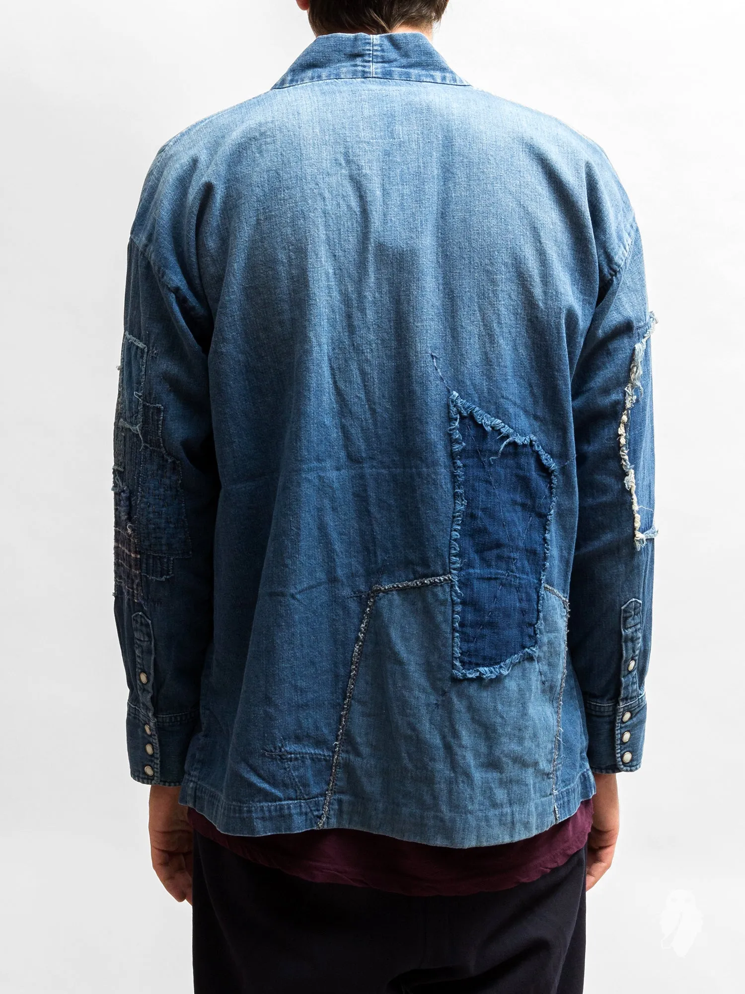 Haori Western Denim Shirt in Indigo Boro Repair