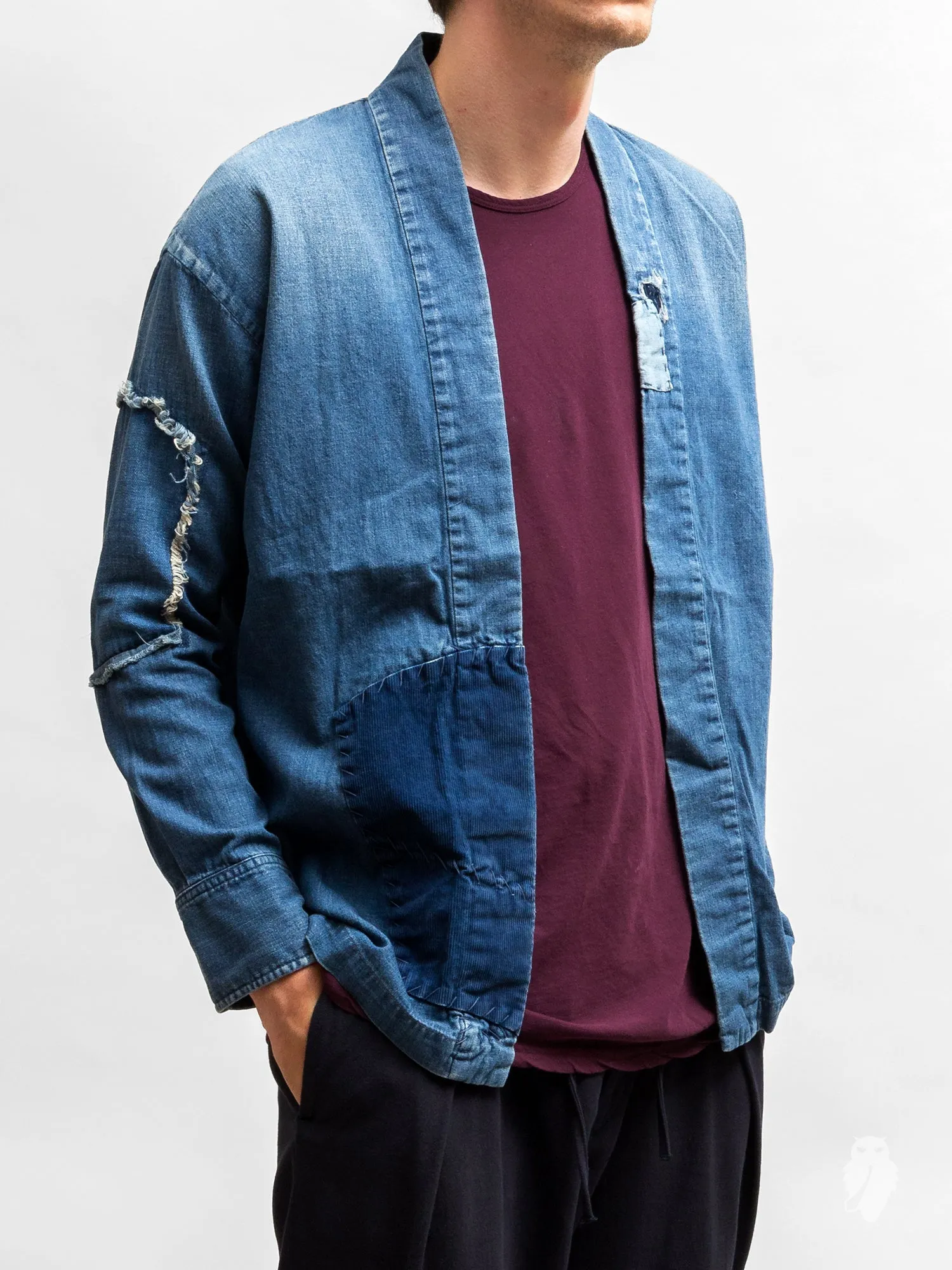 Haori Western Denim Shirt in Indigo Boro Repair