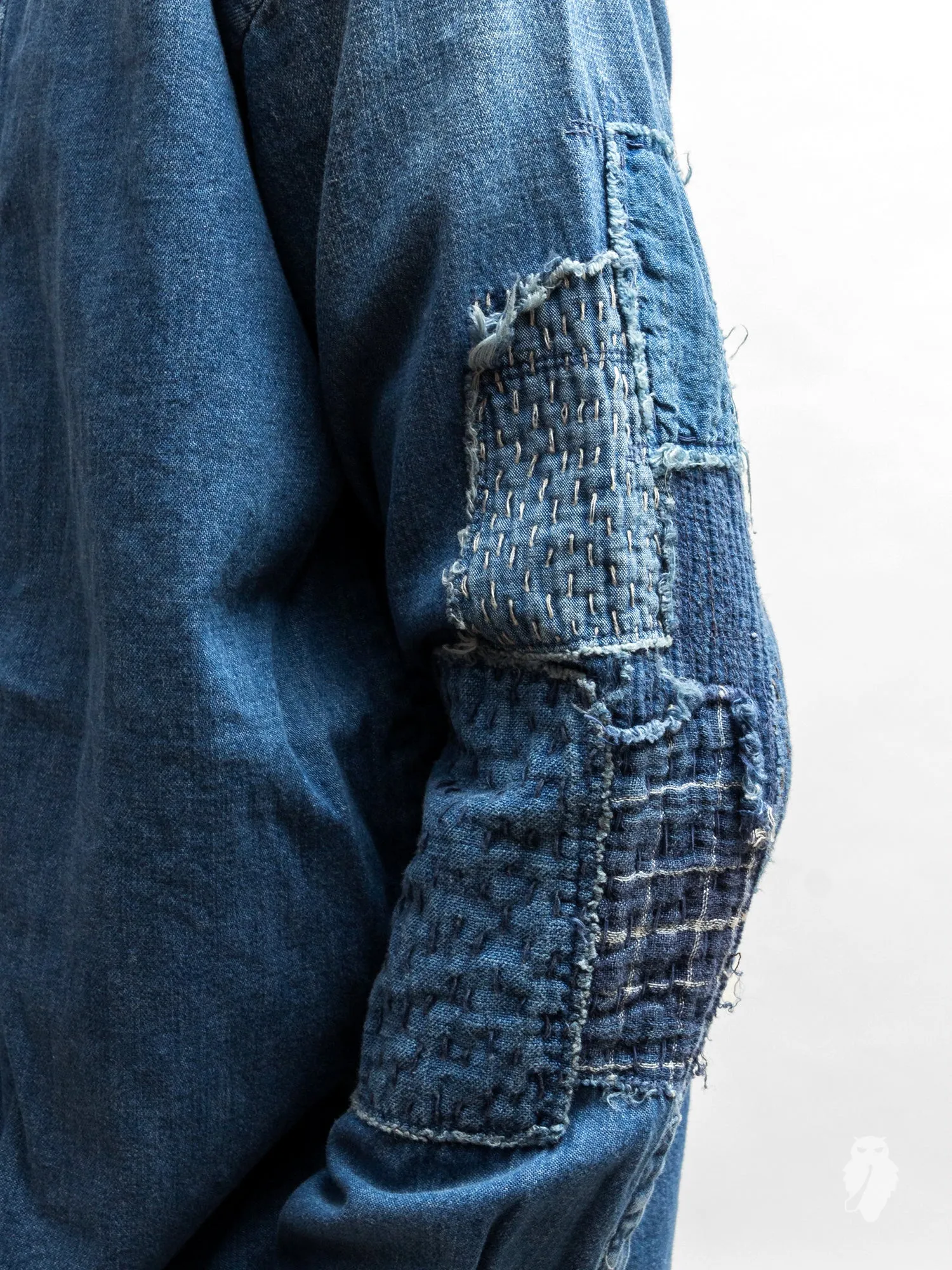 Haori Western Denim Shirt in Indigo Boro Repair