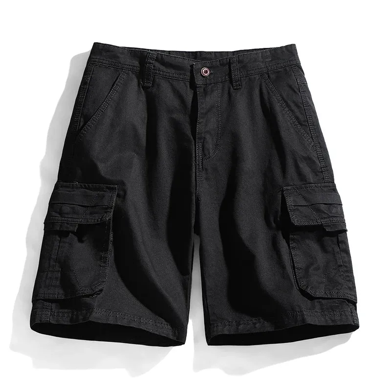 Hnzxzm Summer 100% Cotton Casual Shorts Men Classic Multi Pocket Solid Color Cargo Shorts Mens Fashion Jogger Knee Length Trousers