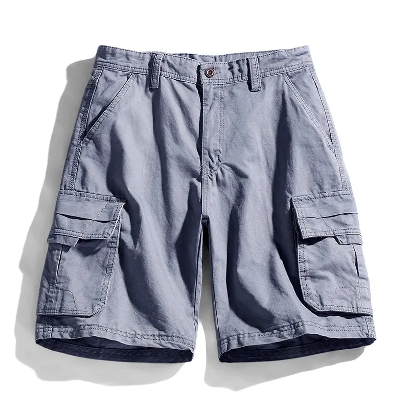 Hnzxzm Summer 100% Cotton Casual Shorts Men Classic Multi Pocket Solid Color Cargo Shorts Mens Fashion Jogger Knee Length Trousers