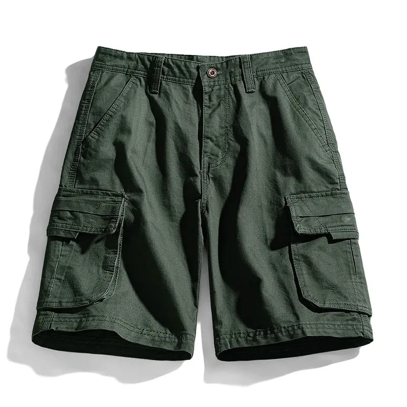 Hnzxzm Summer 100% Cotton Casual Shorts Men Classic Multi Pocket Solid Color Cargo Shorts Mens Fashion Jogger Knee Length Trousers