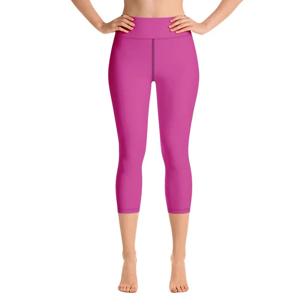 Hot Pink Yoga Capri Leggings, Solid Color Hot Pink Women's Capris Tights-Made in USA/EU/MX