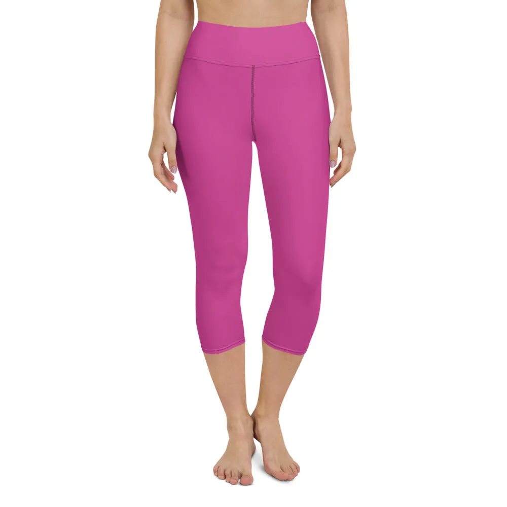 Hot Pink Yoga Capri Leggings, Solid Color Hot Pink Women's Capris Tights-Made in USA/EU/MX