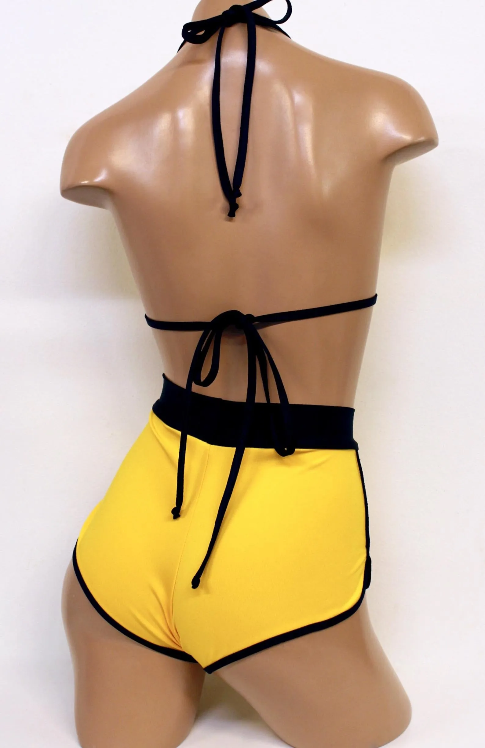 Jogger Shorts Set with Bikini Top in Matte Yellow with Black Trim