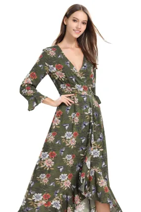 Khaki Green Daisy and Butterfly Maxi Wrap Dress