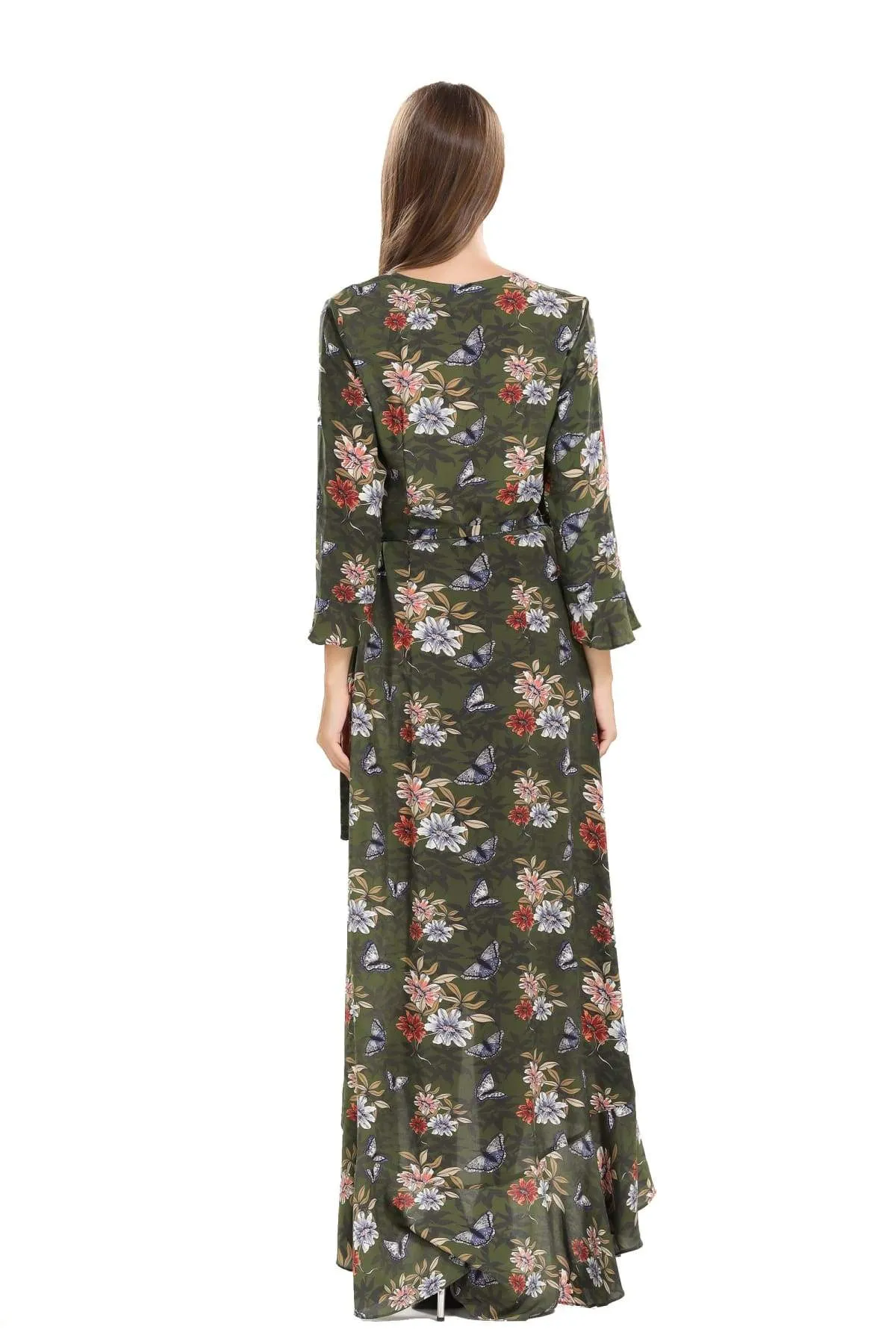 Khaki Green Daisy and Butterfly Maxi Wrap Dress