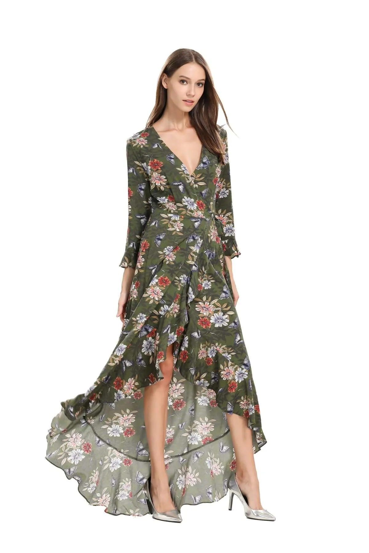 Khaki Green Daisy and Butterfly Maxi Wrap Dress