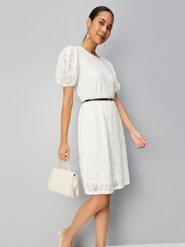 Max Women Lace Belted Shift Dress (SR3016IVORY)_XS