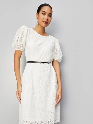 Max Women Lace Belted Shift Dress (SR3016IVORY)_XS