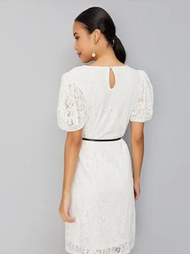 Max Women Lace Belted Shift Dress (SR3016IVORY)_XS