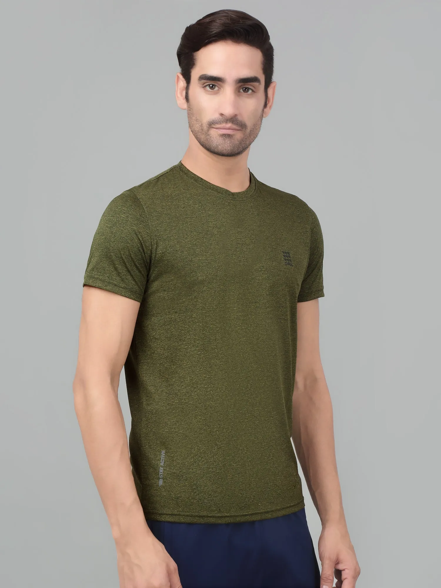 Men's Olive Green Melange Round neck Half Sleeve T-Shirt with chest print