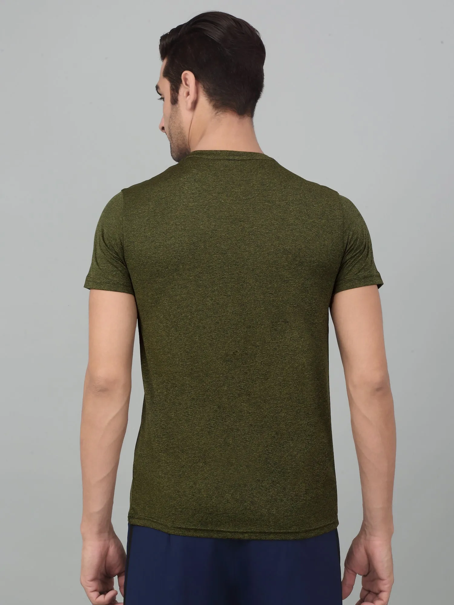 Men's Olive Green Melange Round neck Half Sleeve T-Shirt with chest print